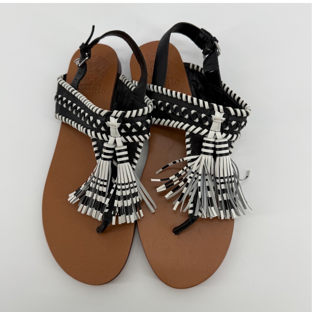 Vince Camuto Rebeka‎ Leather Tassel Slingback Sandals Womens 8 Black White Woven